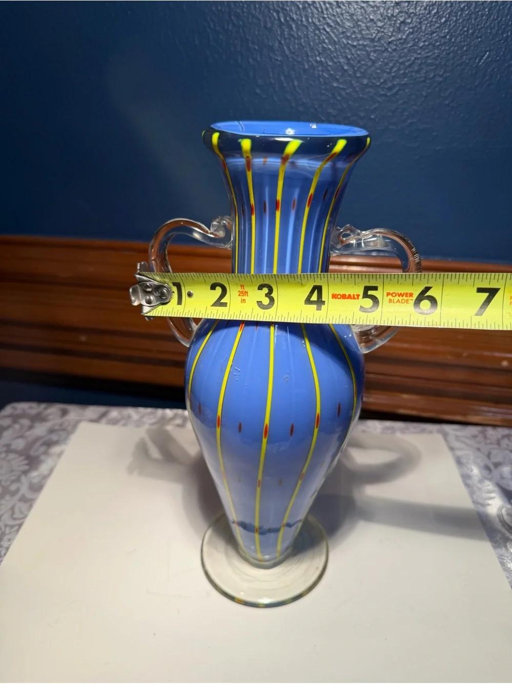 Vibrant Murano Style blue hand-blown art glass vase. Blue Yellow Red Stripes
